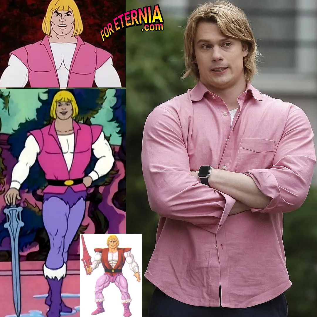 "Elenco estelar do filme Mestres do Universo, incluindo Nicholas Galitzine e Camila Mendes, com elementos dos bastidores ao fundo."
