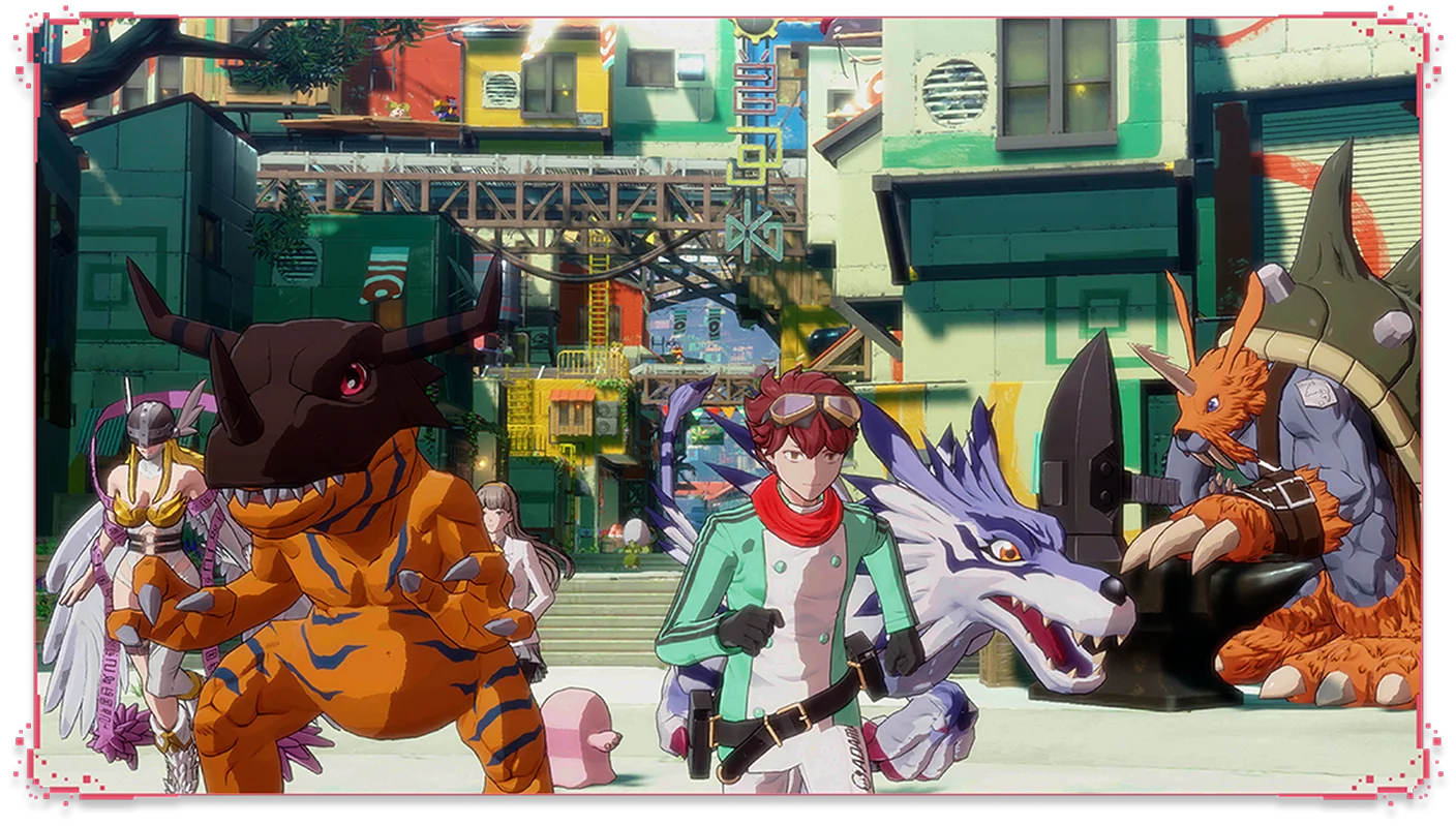 "Digimon Story: protagonistas em batalha épica contra criaturas digitais em cenário futurístico"
