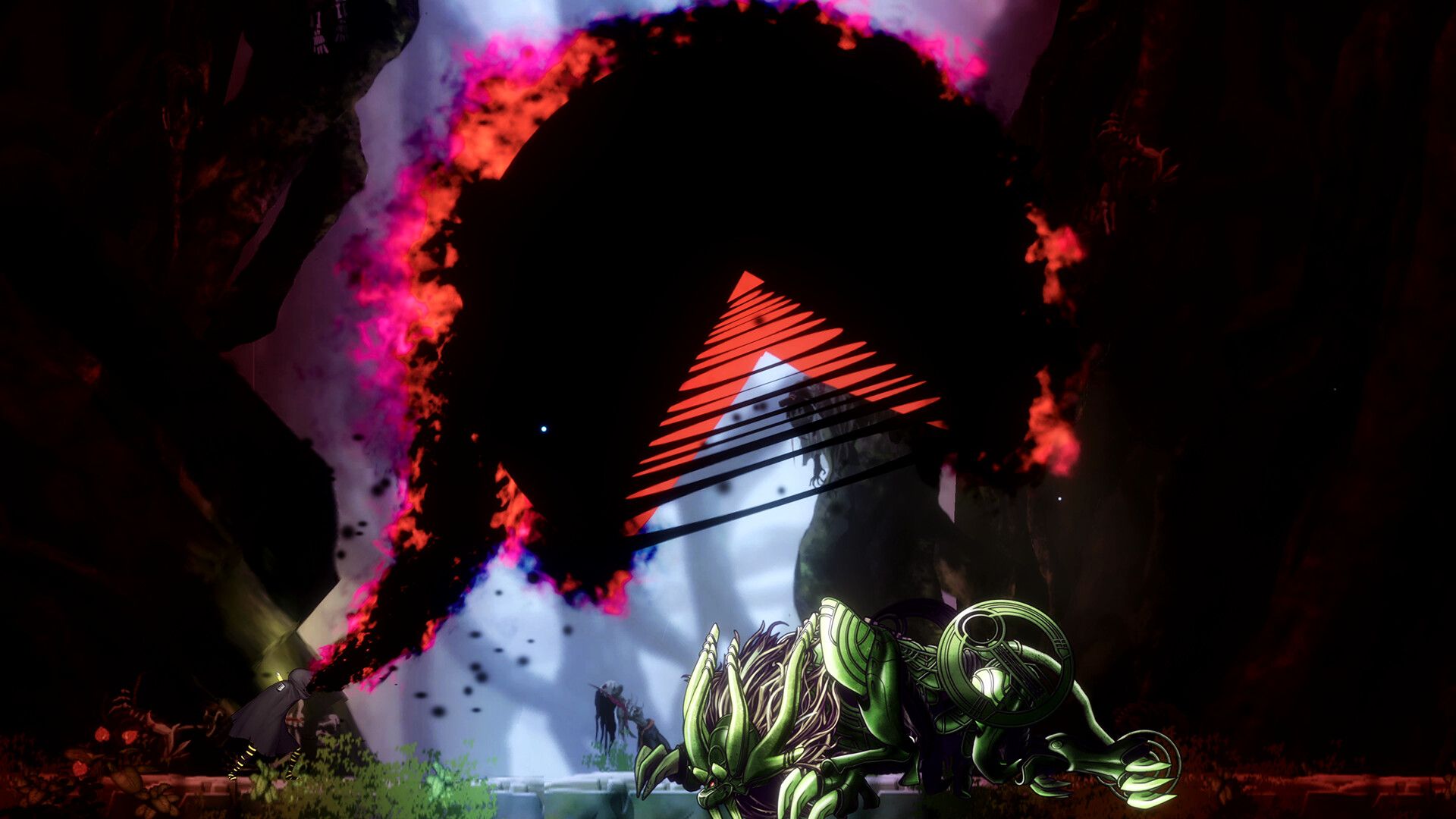 "Shadow Labyrinth: protagonista Espadachim explorando ambiente alienígena"
