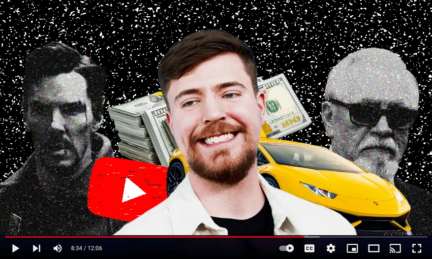 Mr. Beast no YouTube, mostrando seu rosto com carros ao fundo, simbolizando a força e o impacto dos criadores de conteúdo online na indústria do entretenimento.