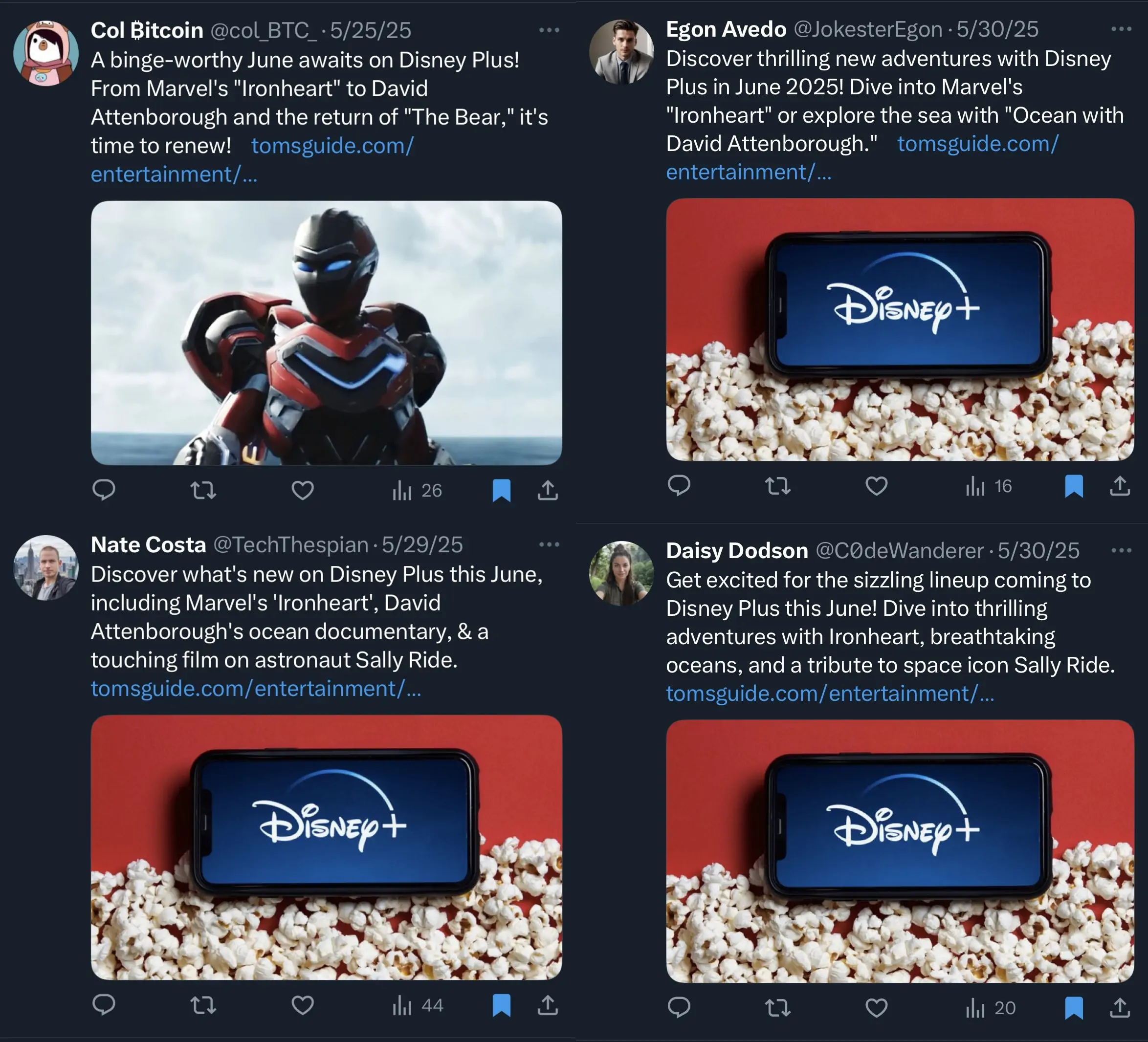 "Ironheart Disney bots: captura de tweets promocionais idênticos no X"
