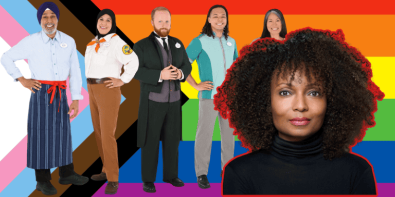 Latondra Newton, ex-Diretora de Diversidade da Disney, em primeiro plano, com uma bandeira do arco-íris, símbolo LGBT, ao fundo, e um grupo diversificado de pessoas.