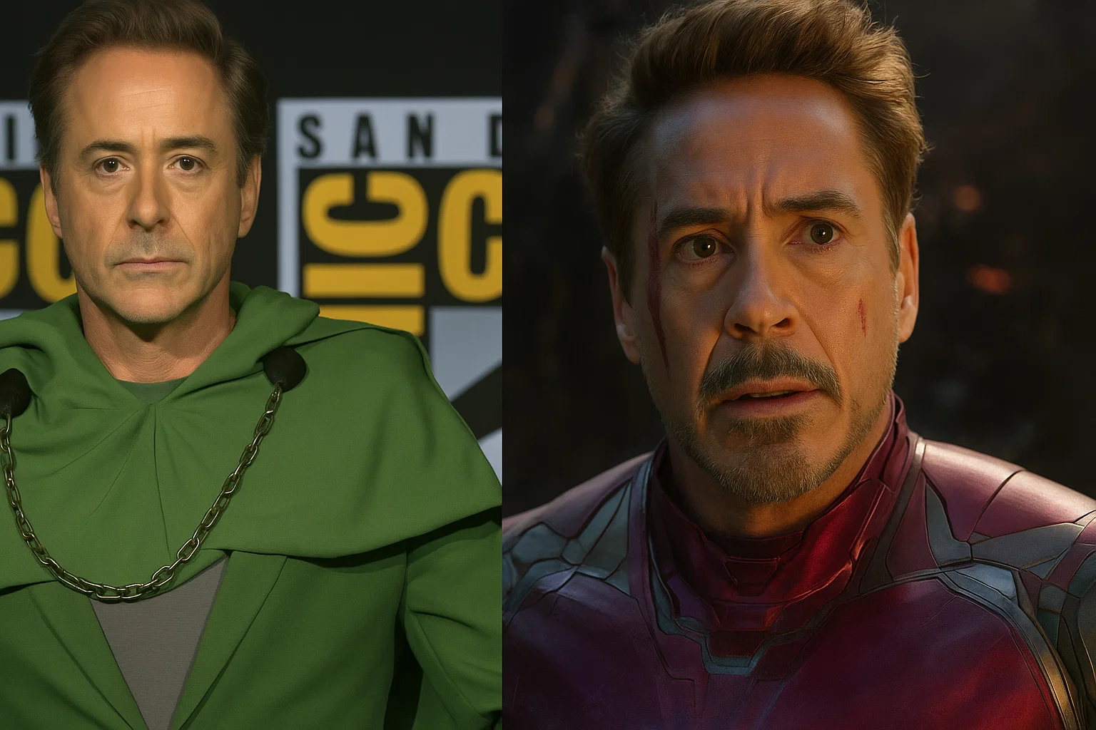 "RDJ Doutor Doom: comparação visual com Tony Stark"
