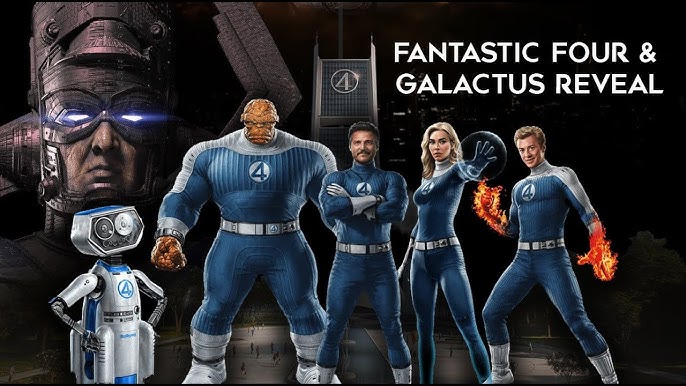 "Quarteto Fantástico: elenco em trajes retrofuturistas dos anos 60"
