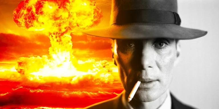 Imagem em preto e branco de J. Robert Oppenheimer com a explosão de uma bomba atômica ao fundo