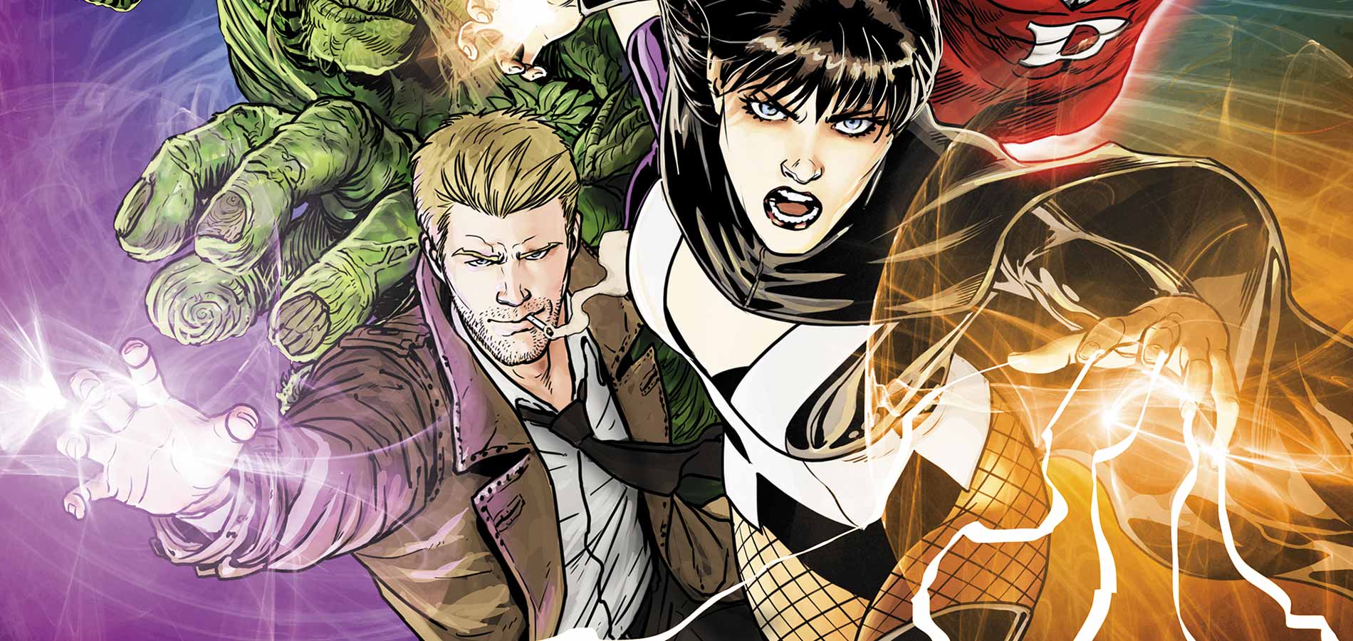 "Liga da Justiça Sombria: Superman ao lado de Constantine, Zatanna e Etrigan em arte."
