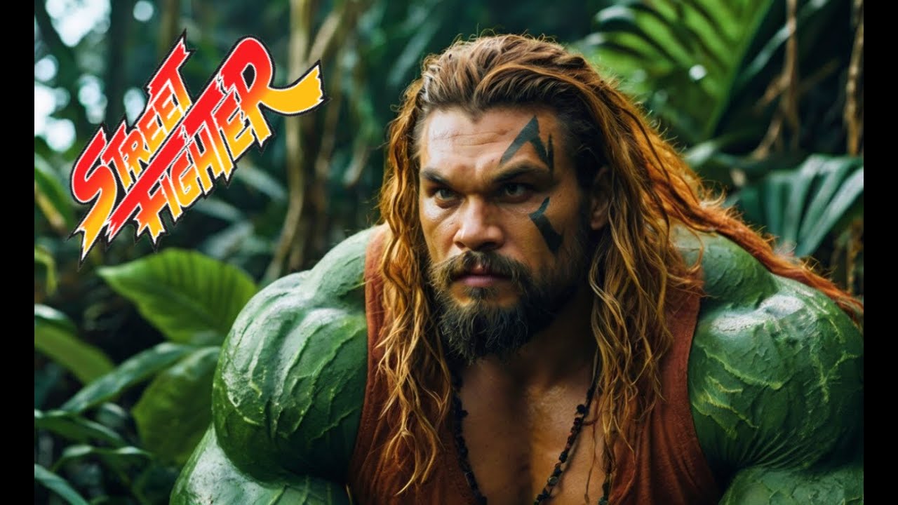 "Momoa Blanka: comparação visual entre ator e personagem verde do jogo"
