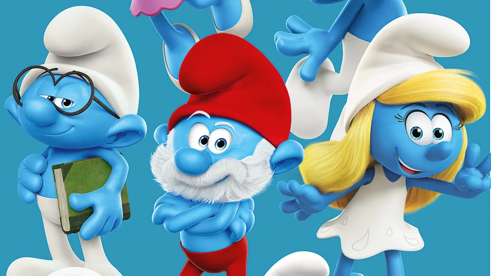 "Smurfs cinema: personagens azuis em aventura musical vibrante"
