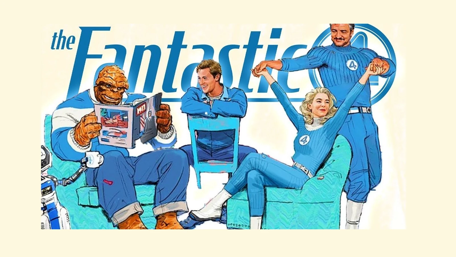 "Quarteto Fantástico: arte promocional com heróis em poses de ação"

